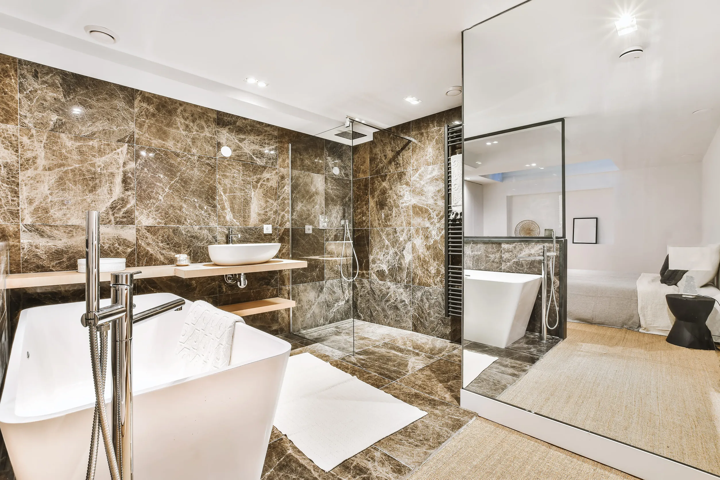 Luxury interior design of a bathroom with marble walls