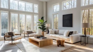 Modern living room interior with white sofa, coffee table and black poster