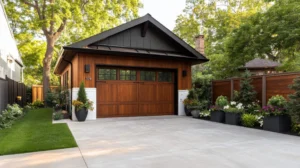 Modern wooden garage with lush garden and clean driveway in residential area