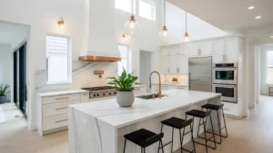 Pendant showing modern white kitchen with marble island copper accents and pendant lights