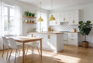 interior of modern bright kitchen with white walls, wooden floor and white cupboards
